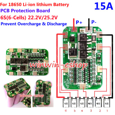 6S 15A PCB BMS Protection Board Li-ion Lithium 18650 Battery Cells 22.2V 25.2V