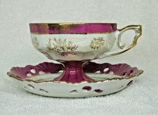 Vintage Unmarked Pedestal Teacup & Saucer Gold Trim Hand Painted