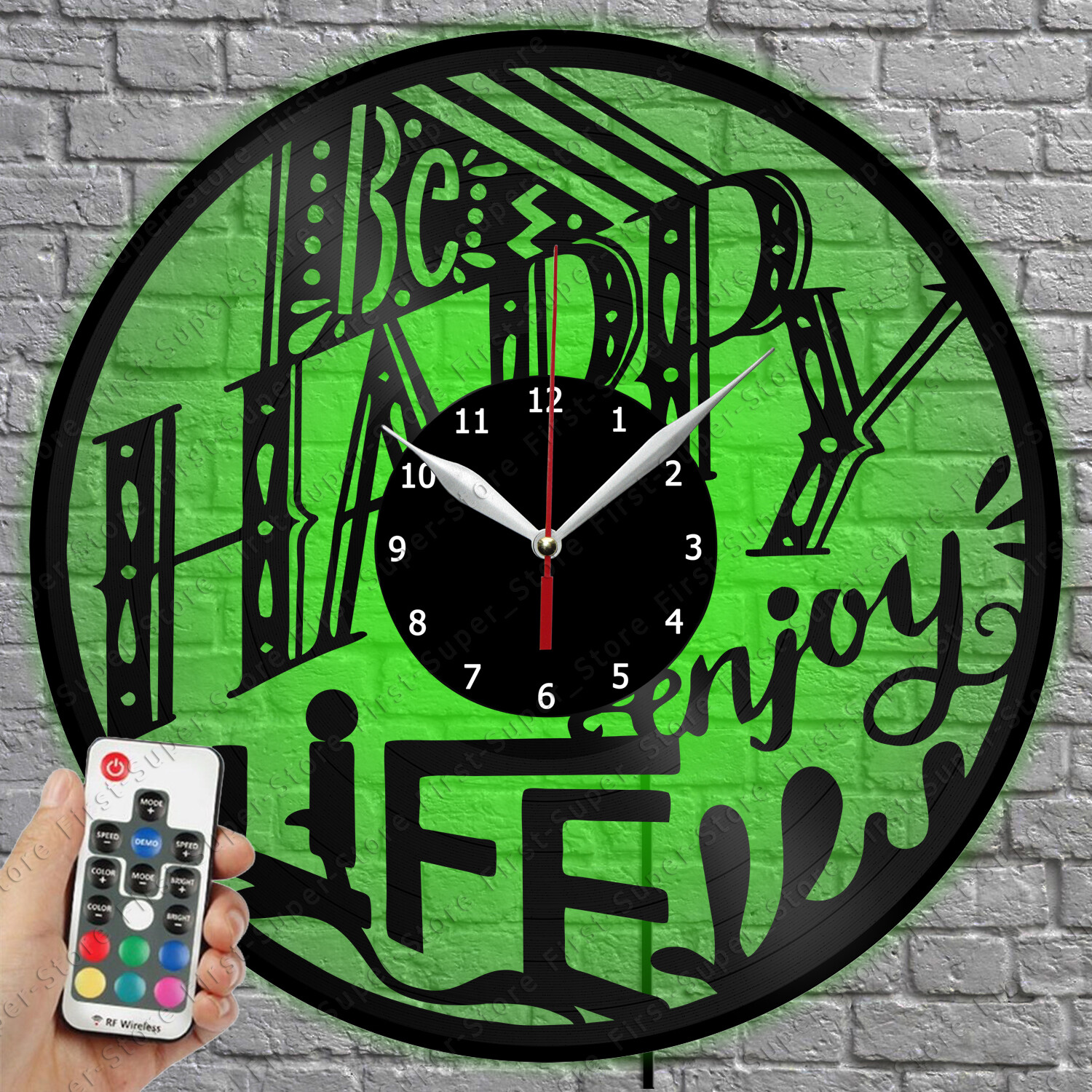 LED Light Wall Clock with Vinyl Record Design - Be Happy Theme 1423