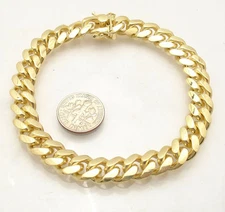 8" Solid Italian Miami Cuban Bracelet Double Lock 14K Yellow Gold Plated Silver