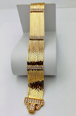 Signed Nolan Miller 1990s Gold Tone 90 Crystal 14 Strand Link Bracelet 7 1/2 