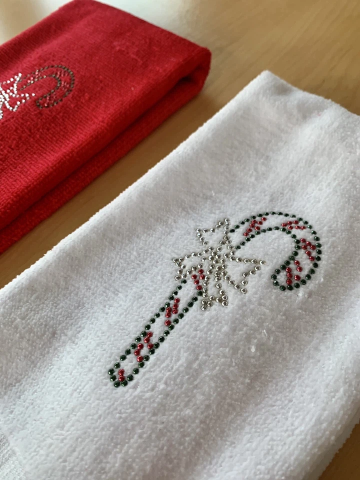 Juego de 2 toallas con diseño de estrás yema de dedo de vacaciones Candy Cane rojo blanco Foto 2 de 4