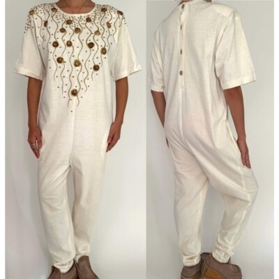 80s white embellished seashell hand painted glitter cotton pant jumpsuit romper