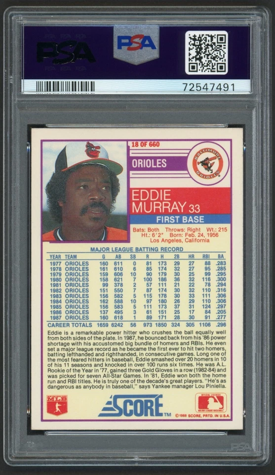 1988 SCORE EDDIE MURRAY #18 BALTIMORE ORIOLES HOF PSA 8 NEAR MINT-MINT - Image 2 of 2