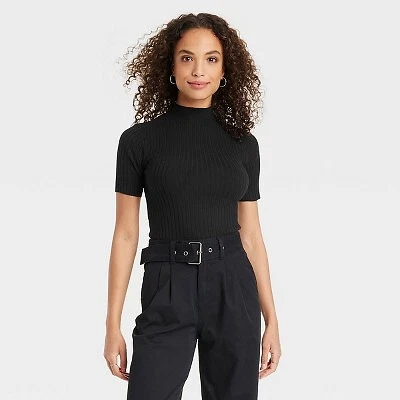 Women s Mock Turtleneck Ribbed Sweater A New Day Black M eBay