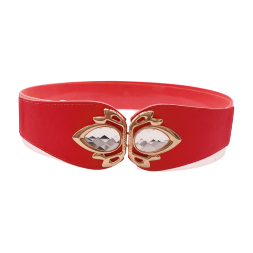 Women Coral Pink Red Elastic Waistband Fashion Belt Gold Metal Bling Buckle S M - Picture 6 of 24