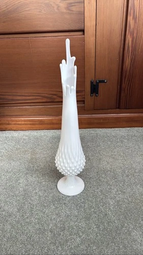 Fenton White Milk Glass Hobnail Swung Vase MCM Pedestal