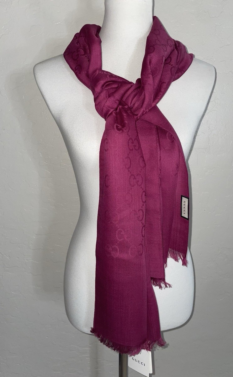 New! Gucci Logo Double GG Silk/Wool Pink Scarf 71”x18”- Made in