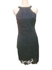 Lulus Navy Blue Love Poem Lace Dress High Neck Halter Mini Sheath Size Small 