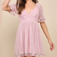 Lulus Sweetly Charming Blush Pink Mesh Surplice Puff Sleeve Mini Dress