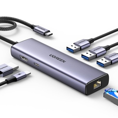 USB C Hub 6in1 Gigabit Ethernet 4K HDMI 100W PD 3x USB A Data 5Gbps for Laptop