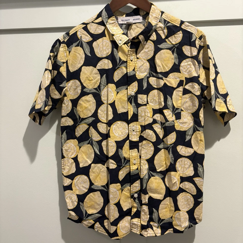 Camisa Hawaiana Antigua Azul Marino Niños XXL 18 Negra Integrada Flex Amarillo Limón Cítricos Campamento Foto 3 de 4