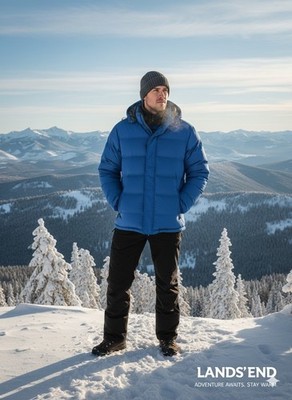 Lands' End Men's Blue Quilted Hooded Insulated Puffer Jacket XXL Lined