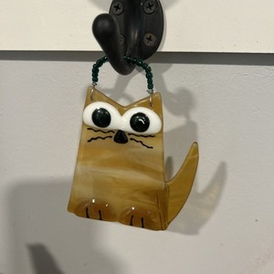 Rare Kitty Cat Glass Sun Catcher Window Ornament Handmade Vintage Art