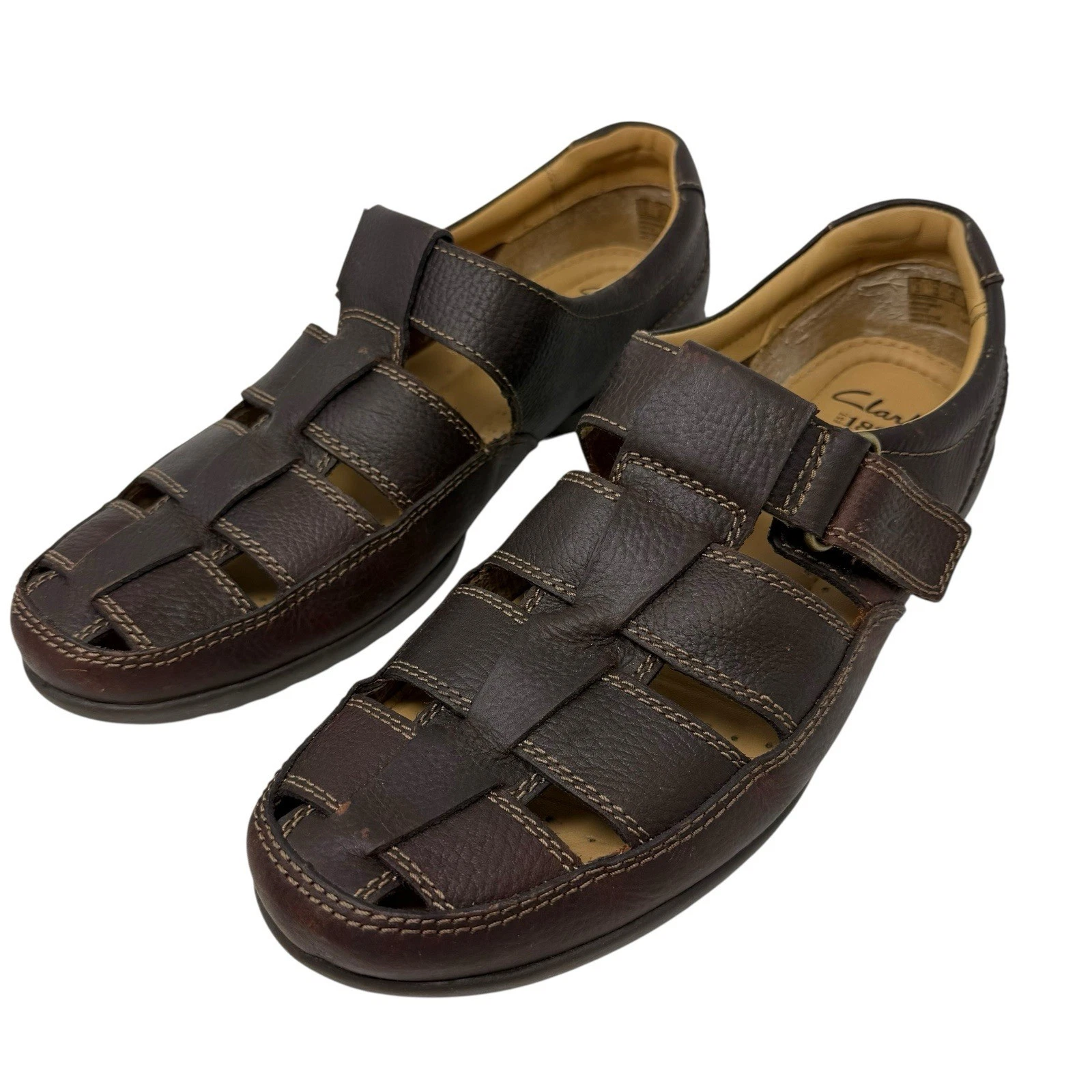 Sandali da pescatore Clarks uomo taglia 10 reclinabili aperti in pelle marrone punta chiusa