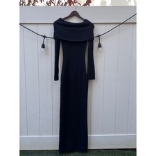 SKIMS Off Shoulder Long Sleeve Maxi Dress Black Cozy Knit Size S P CH