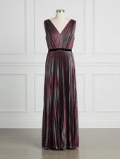 NWT BCBG MaxAzria Violet Gown in Metallic Gunmetal Pleated Foiled Maxi Dress M