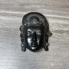 Vintage TIBETAN BUDDHA Face Black Tara Devi Mask Cast Iron Metal 6” Wall Hang