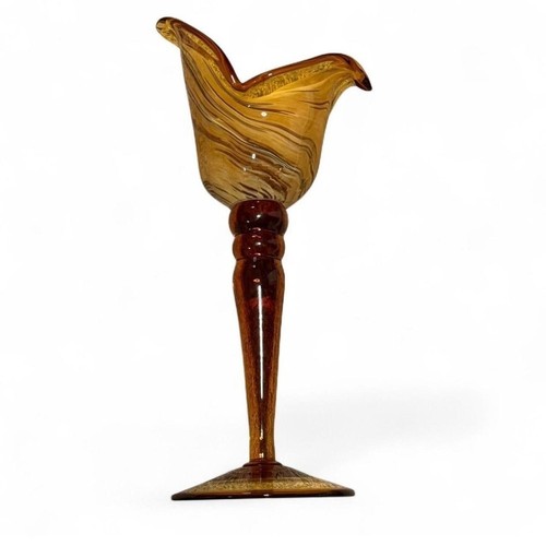 Vintage 12" Amber Swirl Art Glass Pedestal Vase Hand Blown Stretch Glass