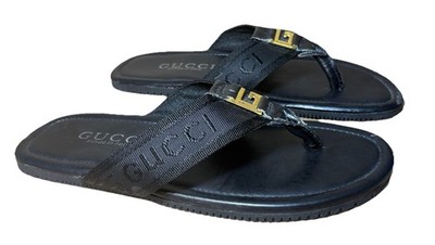 Gucci Men s Thong Sandals Black Web Logo Gold G Flip Flops sz 11