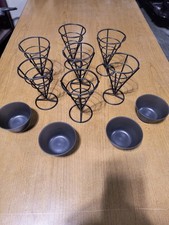 Lot of 7 Black Wire French Fry Cone Baskets + 4 Plastic Dipping Ramekin Cups
