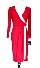 Kasper Red And Cream Wrap Dress V Neck Long Sleeve Retails $89 Size XS NWT