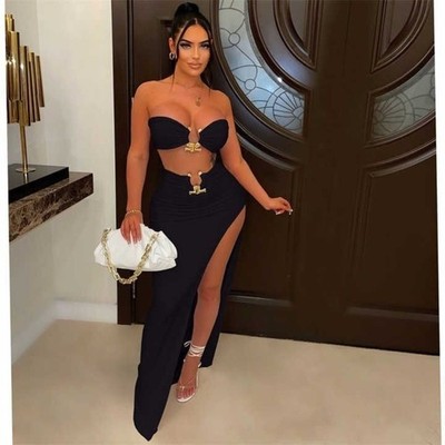 Micas U-ring Crop Tube Top And Asymmetric Slit Skirt Set black size S