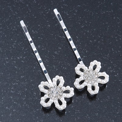 2 Braut/Abschlussball Kristall, simulierte Perle ''Open Daisy'' Haargriffe/Eingleiter