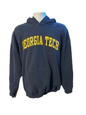 VTG Georgia Tech Hoodie Adult XL Navy Pullover Navy Blue Yellow Spell Out Gildan
