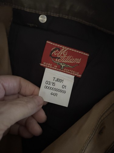 RM WILLIAMS MENS NWT mogriguy waxed Coated Chocolate Brown jeans mens 44R - Picture 8 of 8
