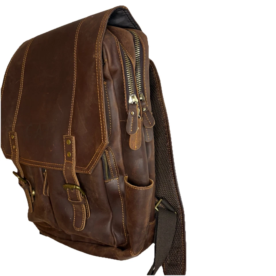 Leather Backpack Men Laptop Travel Bag Brown CAP Professional - Image 3 of 4