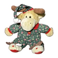 VINTAGE Christmas Moose Plush Pajamas Santa Print Holiday Stuffed Animal Decor