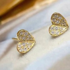 Heart Shaped Gold Color CZ Stud Earrings Romantic Wedding Jewelry