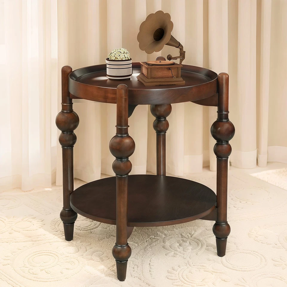 23" Round End Table Small Solid Wood Side Table Center Table With Open Shelf - Image 3 of 4