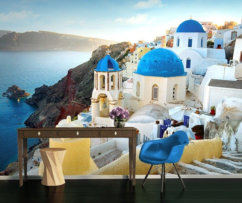 Santorini Wall Mural 100x72"" Greece Seacoast Lounge Living Room Wallpaper Decor