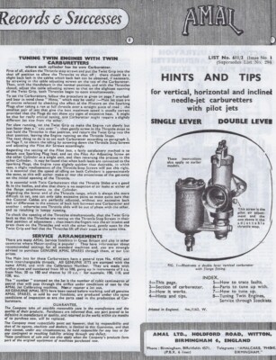 Amal 276 & 289 remote float carburetor parts list, needle & tuning data, COPIES