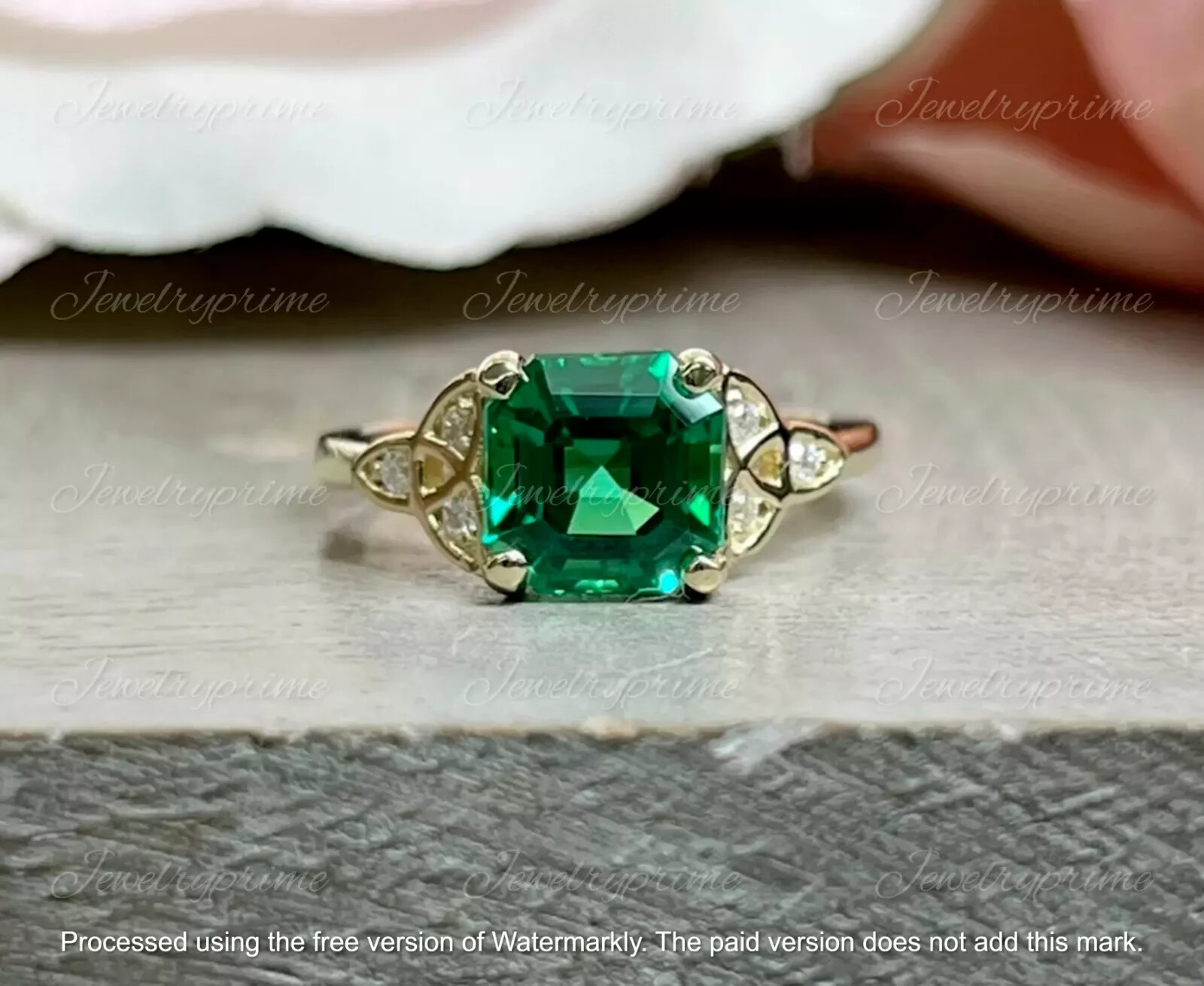 Asscher Cut Green Emerald Lab Created 2Ct Engagement Ring 14K Yellow Gold Plated