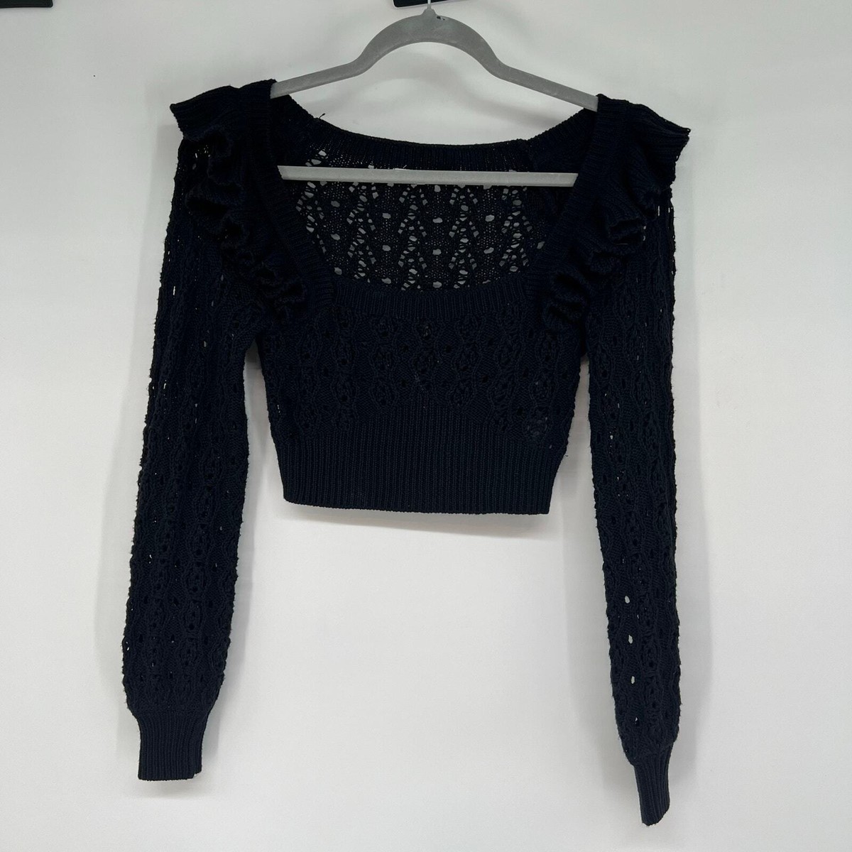 Tularosa Knit Crop Top Sweater Women's Size XS Black Ruffle Trim