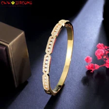 Luxury White CZ Engagement Open Cuff Bangle Dubai Yellow Gold Plated for Brides