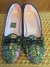 vintage Daniel Green House Slipper black Gold Brocade Bow sz 6  Floral USA MADE
