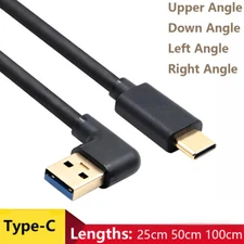 USB-A 3.0 Male to Type-C Male Angled Gold Plated Data Sync Charge Cable 0.25m-1m