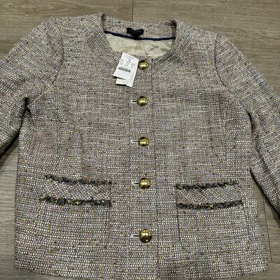 NWT J.Crew Tweed Jacket Women s M Confetti Tweed Gold Button Long Sleeve Blazer