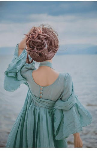 Damen Leinen Kleid Lang Strand Maxi Lolita Elegant Prinzessin Swing Puffärmel - Bild 8 von 8