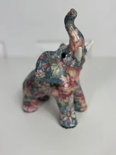 Floral Patchwork Elephant Figurine Trunk Up Statue 8" Tall
