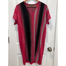 Ming Wang Striped V Neck Tunic Dress Women Size S Pink Black Gray Knit