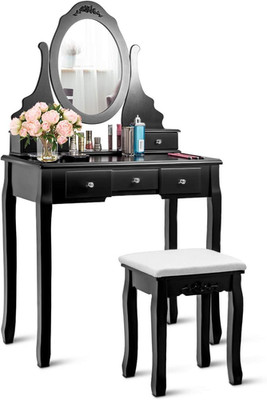Chic Black Vanity Set with Oval Mirror, Stool & 5 Spacious Drawers