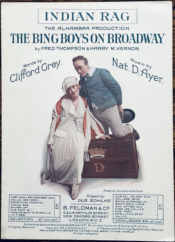 RAGTIME SONG / LONDON THEATRE sheet music INDIAN RAG from BING BOYS ON BROADWAY
