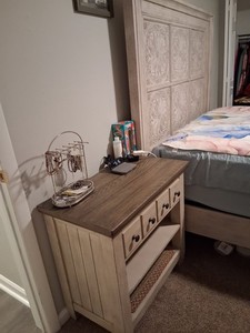 3-Piece Beige/Brown Wood Bedroom Set Bed Dresser Nightstand w/ Drawers Shelf