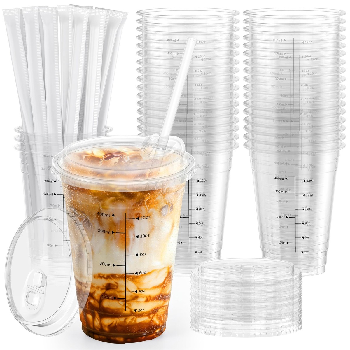 100 Pack - 16 oz Ratio Lines Iced Coffee Cups with Lids & Straws  No  Guessin...