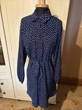 SHEIN Ladies Short Dress Size 14 Navy Blue Polka Dot Elastic Waist Long Sleeve